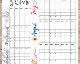 3 Month SUMMER Calendar Printable July August September large Size Instant Download Coloring Page