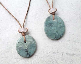 Rare Nephrite Jade Pendant Necklace Natural Teal Blue Green Colour White Quartz Crystal Bead Canadian Raw Gemstone Adjustable Cord Jewelry