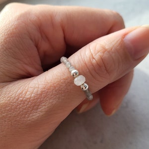 Facet Labradorite Gemstone Ring White Jade 925 Sterling Silver Beads Genuine Natural Delicate Stretch Bead Ring Stacking Intuition + Peace