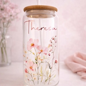 Trinkbecher mit Name | Trinkglas | Strohhalm | Glas Wildblumen Blumen Eiskaffee to go shake Proteinshake Freundin Mama Kollegin Muttertag