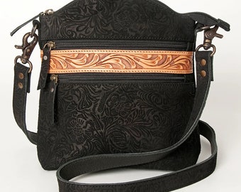 Western Hand Tooled Leather, Wallet, Wristlet, Clutch, Purse, Genuine Leather, Genuine Cowhide, Purse, Black & White Details, handmade,