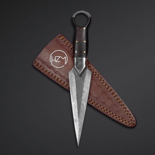 HANDGESCHMIEDETE DAMASKUS Stahl Stiefel Wurfmesser 23 cm mit Lederscheide