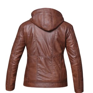 May include: A brown leather jacket with a hood. The jacket has a zipper closure and two pockets on the front.
