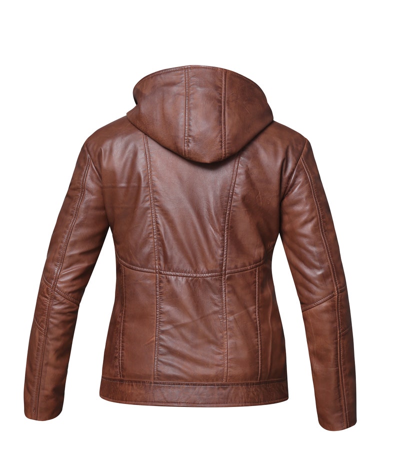 May include: A brown leather jacket with a hood. The jacket has a zipper closure and two pockets on the front.