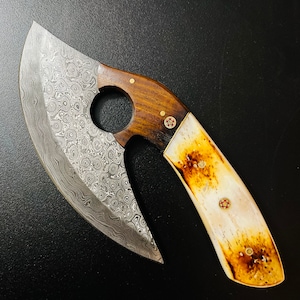 Handmade Damascus ULU Alaska Natural Caribou Antler ULU Knife Full Tang Camel Bone Handle