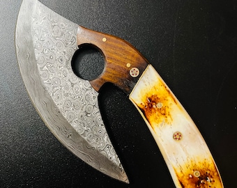 Handmade Damascus ULU Alaska Natural Caribou Antler ULU Knife Full Tang Camel Bone Handle