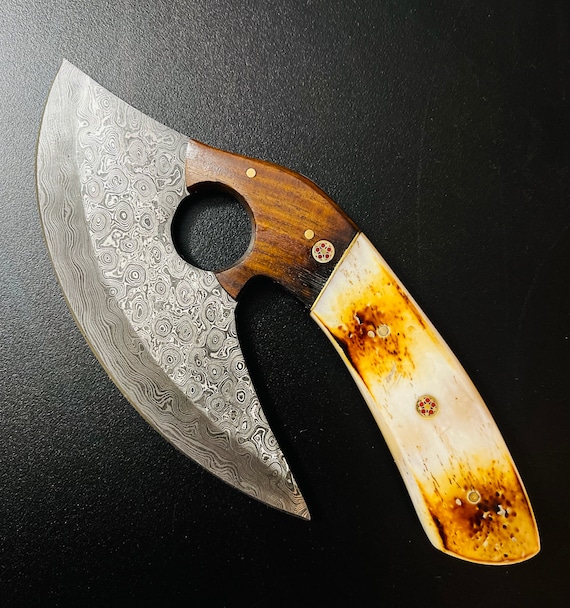 Handmade Damascus ULU Knife Full Tang Camel Bone Handle