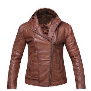 May include: A brown leather jacket with a zipper closure and a hood. The jacket has two pockets on the front and two pockets on the inside.