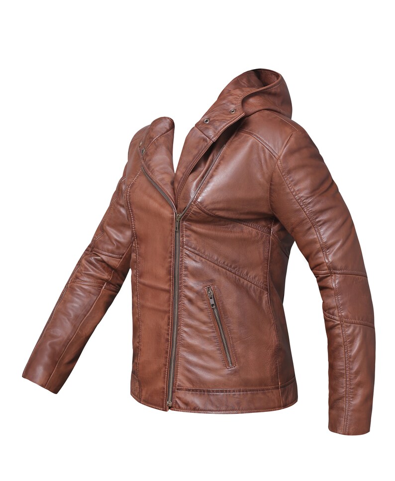 May include: A brown leather jacket with a zipper closure and a hood. The jacket has a zippered pocket on the left side and two zippered pockets on the right side.