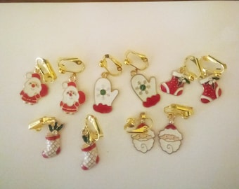 Red Santa Sets of Clip on Earrings - 5 Pairs of Christmas, Holiday Clip on Earrings