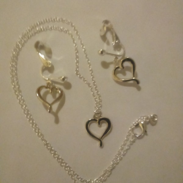 Silver Heart Matching Jewelry Set - Heart Clip on Earrings with Necklace - Clip on Earrings Jewelry Set - Necklace & Clip on Earrings