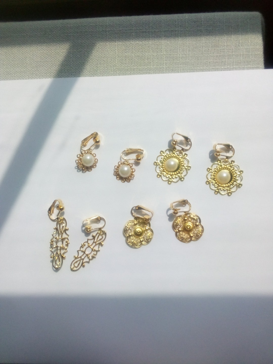 Set of 4 Clip on Earrings, Gold and Pearl Clipon, Nonpierced Earrings, Group of Earrings, Set