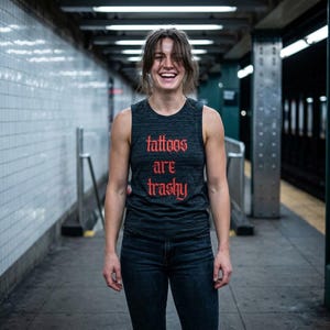 May include: A dark gray tank top with the red text "tattoos are trashy" is worn by a person in a subway station. The person is smiling. The tank top is paired with dark blue jeans.