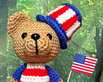 Patriotic 4th of July Handmade Teddy Bear, Crochet Stuffed Teddy Bear, July 4th Decor, Americana Teddy Bear