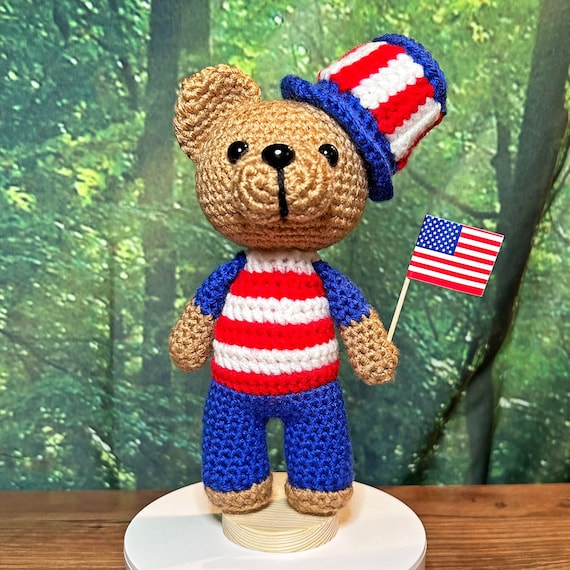 Patriotic 4th of July Handmade Teddy Bear, Crochet Stuffed Teddy Bear, July 4th Decor, Americana Teddy Bear