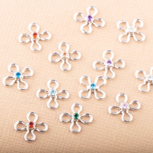 Cubic Zirconia Sterling Silver Tiny Daisy Birthstone Connector Supply, For Permanent Jewelry, Bracelet, Birthstone Daisy Connectors