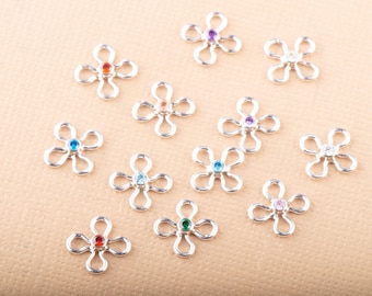 Cubic Zirconia Sterling Silver Tiny Daisy Birthstone Connector Supply, For Permanent Jewelry, Bracelet, Birthstone Daisy Connectors