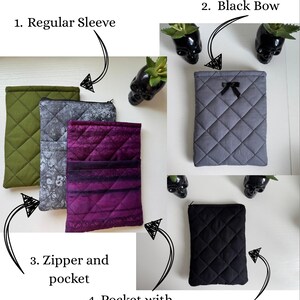 May include: Image showcasing customizable quilted sleeves and cases. Options include regular sleeve, black bow, zipper and pocket, pocket with no zipper, and just a zipper. The cases come in various colors and patterns, including olive green, gray, and purple.