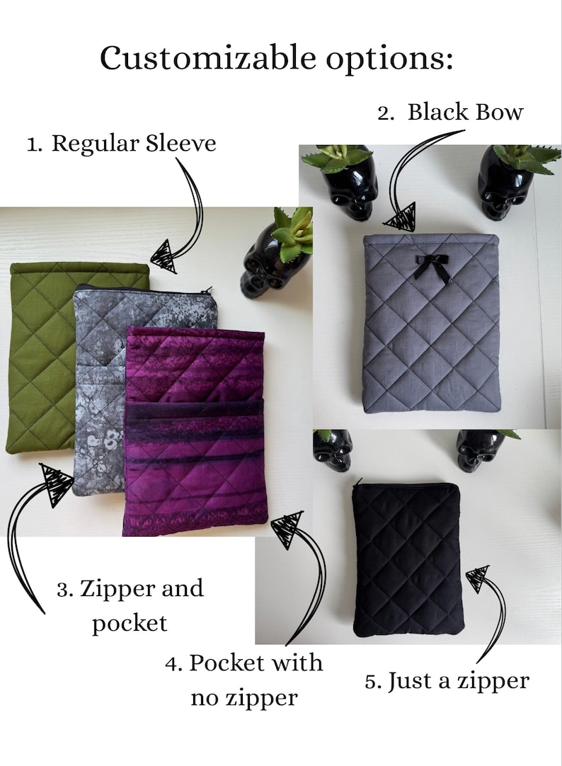 May include: Image showcasing customizable quilted sleeves and cases. Options include regular sleeve, black bow, zipper and pocket, pocket with no zipper, and just a zipper. The cases come in various colors and patterns, including olive green, gray, and purple.