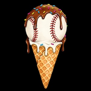 May include: A baseball ice cream cone with chocolate sauce and colorful sprinkles. The baseball is white with red stitching and the cone is a waffle cone.