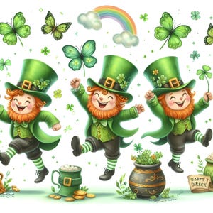 May include: Three cartoon leprechauns wearing green hats and outfits are jumping and smiling. They are surrounded by shamrocks, butterflies, and a rainbow. The leprechauns are holding pots of gold and a sign that says "Dappy Y Direck".