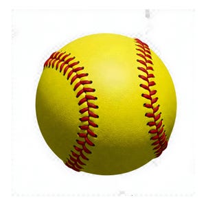 Pode incluir: Uma bola de softball amarela com costuras vermelhas. A bola está ligeiramente desfocada.