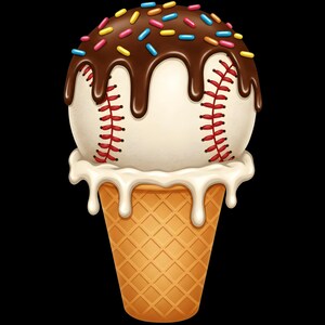 Peut inclure: Un cornet de crème glacée en forme de balle de baseball avec une sauce au chocolat et des pépites colorées. La balle de baseball est blanche avec des coutures rouges et est recouverte d'une sauce au chocolat qui coule sur les côtés. Le cornet est un cornet gaufré de couleur brun clair.