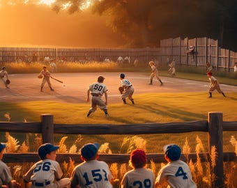 Nostalgiczna gra baseballowa Sandlot do pobrania w wersji cyfrowej – sztuka baseballowa w stylu vintage – ciepła scena sportowa o zachodzie słońca