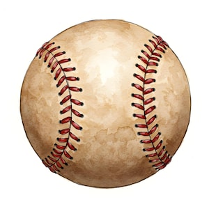 Può includere: Illustrazione ad acquerello di una palla da baseball. La palla è di colore marrone chiaro con cuciture rosse. Le cuciture sono uniformemente distanziate e corrono lungo le cuciture della palla. La palla da baseball è centrata su uno sfondo bianco.