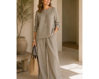Linda Allard Ellen Tracy Vintage 2Pc Wide Leg Pants Set Taupe Lagenlook 16
