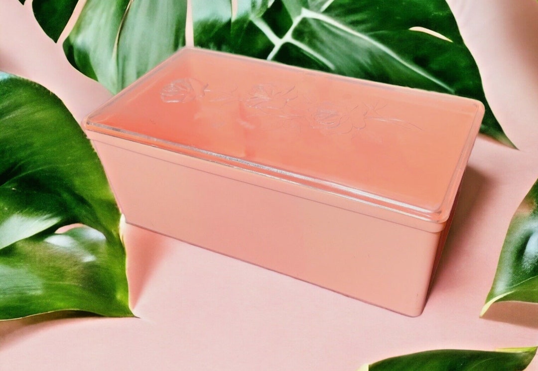 Vtg Pink Plastic Bathroom Storage Box MCM Curlers Case Rose Top by