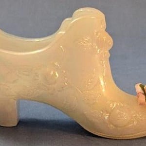 Vintage Fenton Glass Shoe, White with Pink Roses and Ribbons