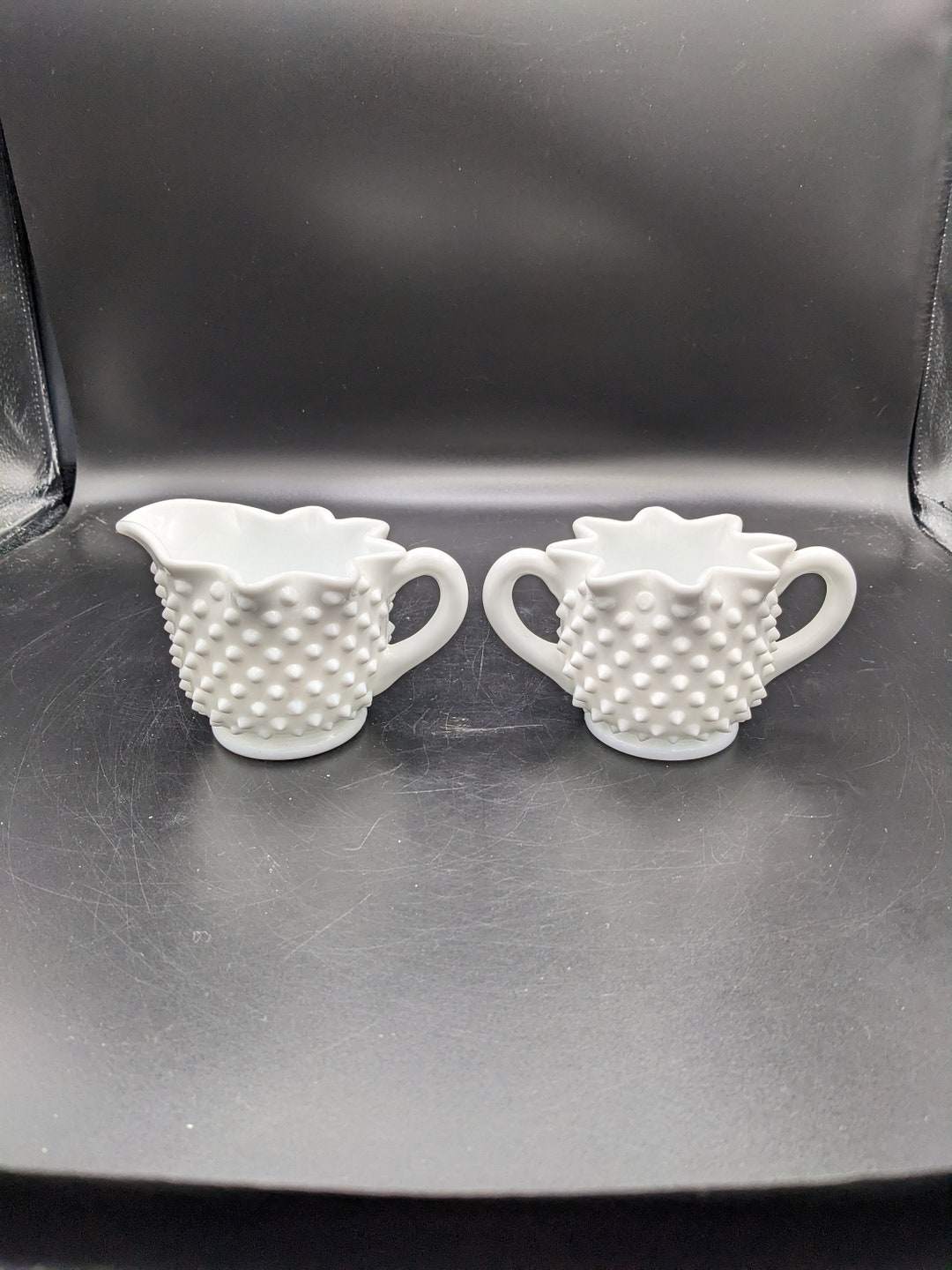 Vintage Fenton Milk Glass Hobnail Creamer and Sugar Bowl Set Scalloped