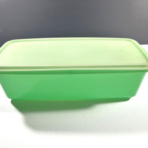 Può includere: Un contenitore rettangolare per alimenti in plastica verde chiaro con coperchio abbinato. Il contenitore presenta una base affusolata e un coperchio piatto a chiusura ermetica con un logo circolare in rilievo centrato sulla superficie.