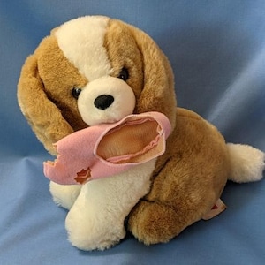 Vintage 1987 Dakin Brown and White Playful Pup with Pink Slipper