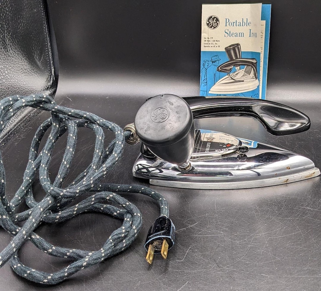 Vintage Steam Iron: GE Portable Chrome F19 - Original Box & Bulb