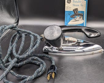 Vintage Steam Iron: GE Portable Chrome F19 - Original Box & Bulb