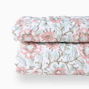 Hand Block Printed Cotton Quilt: Reversible Floral & Stripe Design-Reversible Quilt, Hand Quilted, Bed Quilt, Throw Quilt, Lightweight Quilt image 4
