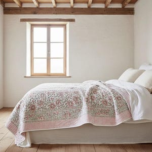 Hand Block Printed Cotton Quilt: Reversible Floral & Stripe Design-Reversible Quilt, Hand Quilted, Bed Quilt, Throw Quilt, Lightweight Quilt image 2