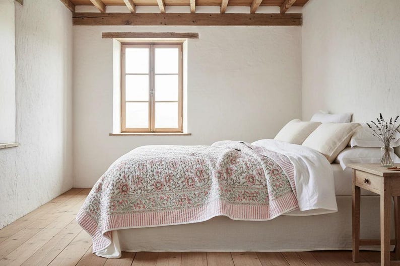 Hand Block Printed Cotton Quilt: Reversible Floral & Stripe Design-Reversible Quilt, Hand Quilted, Bed Quilt, Throw Quilt, Lightweight Quilt image 2