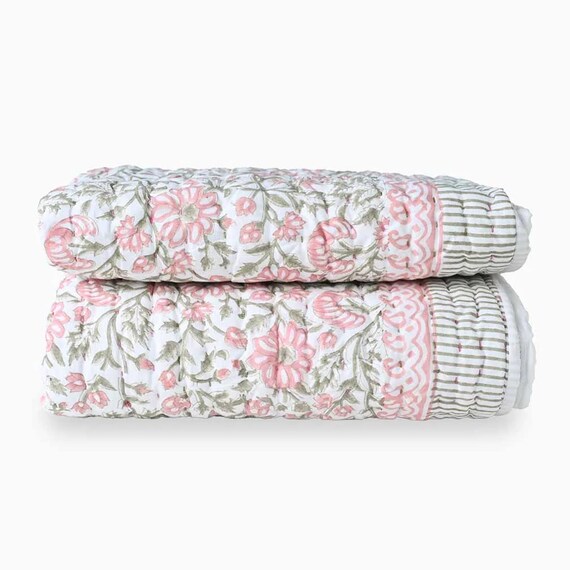 Yarrow Floral Hand Block Printed Quilt | Handmade Kantha Blanket, Thoughtful Home Gift, Artisan Cotton Quilt