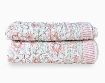 Hand Block Printed Cotton Quilt: Reversible Floral & Stripe Design