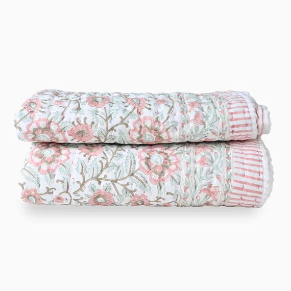 Hand Block Printed Cotton Quilt: Reversible Floral & Stripe Design-Reversible Quilt, Hand Quilted, Bed Quilt, Throw Quilt, Lightweight Quilt