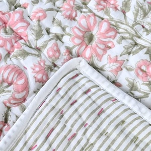 Yarrow Floral Hand Block Printed Quilt | Handmade Kantha Blanket, Thoughtful Home Gift, Artisan Cotton Quilt image 2