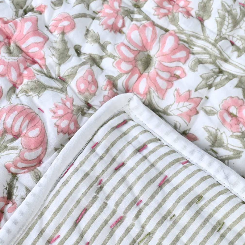 Yarrow Floral Hand Block Printed Quilt | Handmade Kantha Blanket, Thoughtful Home Gift, Artisan Cotton Quilt image 2