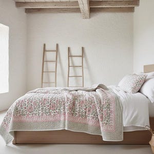 Yarrow Floral Hand Block Printed Quilt | Handmade Kantha Blanket, Thoughtful Home Gift, Artisan Cotton Quilt image 4