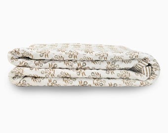 Sand Sage Hand Block Quilt | Floral Vine Cotton Quilt | Handmade Neutral Bedding