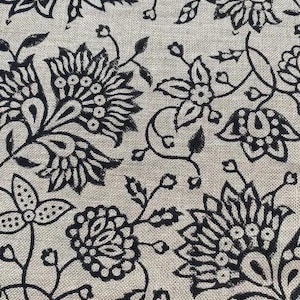 Block Print Fabric, Floral Print Linen, By the yards, Pillow Cover Fabric, For Table Cloth, Hand Woven Thick Linen Fabric For Upholstery