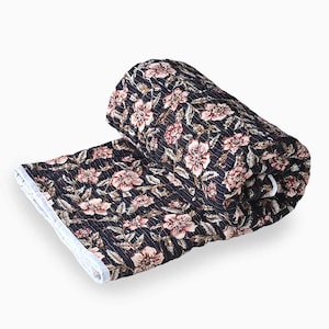 Daffodil Block Print Quilt | Soft Cotton Kantha Bedding, Floral Blanket, Chic Handmade Bedspread