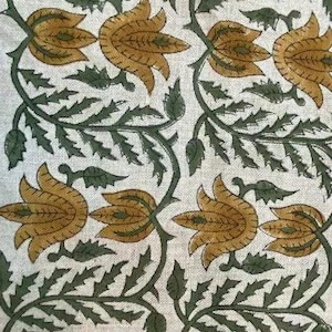 Block Print Fabric, Floral Print Linen, By the yards, Pillow Cover Fabric, For Table Cloth, Hand Woven Thick Linen Fabric For Upholstery